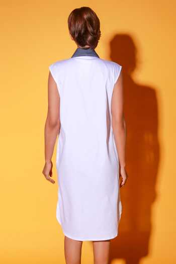 Echke_White Cotton Shawl Neck Contrast Patchwork Dress _Online_at_Aza_Fashions