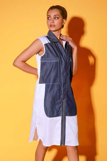 Buy_Echke_White Cotton Shawl Neck Contrast Patchwork Dress _Online_at_Aza_Fashions