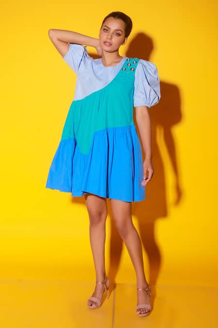 Echke Blue Cotton Round Neck Flared Colour Block Dress Online at Aza Fashions Echke_Blue Cotton Round Neck Flared Colour Block Dress _Online_at_Aza_Fashions