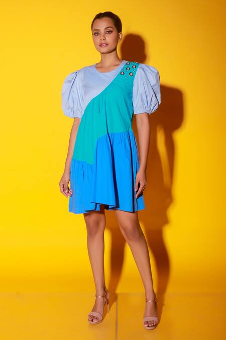 Shop Echke Blue Cotton Round Neck Flared Colour Block Dress Online at Aza Fashions Shop_Echke_Blue Cotton Round Neck Flared Colour Block Dress _Online_at_Aza_Fashions