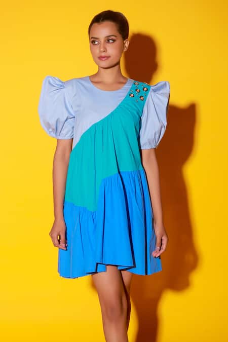 Echke Blue Cotton Round Neck Flared Colour Block Dress at Aza Fashions Echke_Blue Cotton Round Neck Flared Colour Block Dress _at_Aza_Fashions