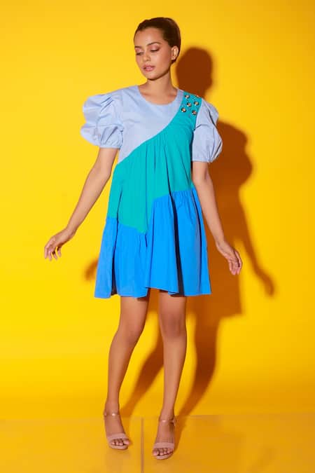 Buy Echke Blue Cotton Round Neck Flared Colour Block Dress Online at Aza Fashions Buy_Echke_Blue Cotton Round Neck Flared Colour Block Dress _Online_at_Aza_Fashions