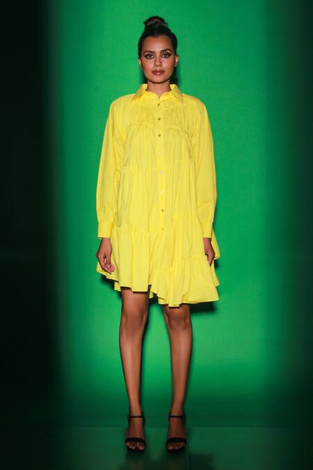 Echke Yellow Poplin Shawl Neck Flowy Tiered Dress at Aza Fashions Echke_Yellow Poplin Shawl Neck Flowy Tiered Dress _at_Aza_Fashions