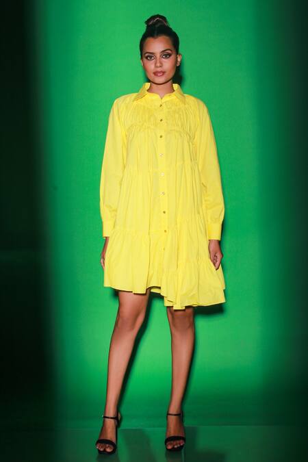 Echke Yellow Poplin Shawl Neck Flowy Tiered Dress Online at Aza Fashions Echke_Yellow Poplin Shawl Neck Flowy Tiered Dress _Online_at_Aza_Fashions