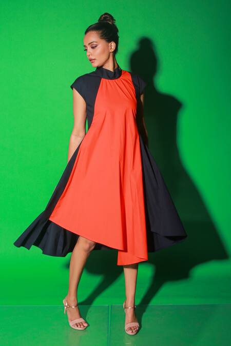 Echke_Orange Cotton Collared Asymmetric Colour Block Dress _Online_at_Aza_Fashions