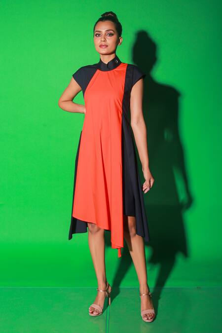 Shop_Echke_Orange Cotton Collared Asymmetric Colour Block Dress _Online_at_Aza_Fashions