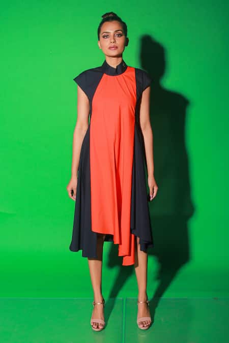 Echke_Orange Cotton Collared Asymmetric Colour Block Dress _at_Aza_Fashions