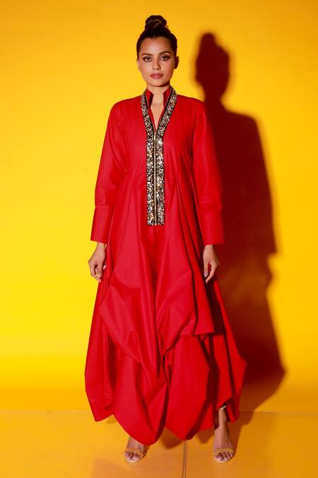Echke_Red Cotton Blend Crystal Mandarin Collar Balloon Hem Dress_at_Aza_Fashions