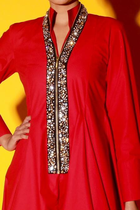 Echke_Red Cotton Blend Crystal Mandarin Collar Balloon Hem Dress_Online_at_Aza_Fashions