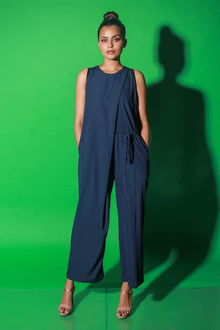 Echke_Blue Satin Round Neck Front Draped Solid Jumpsuit _Online_at_Aza_Fashions
