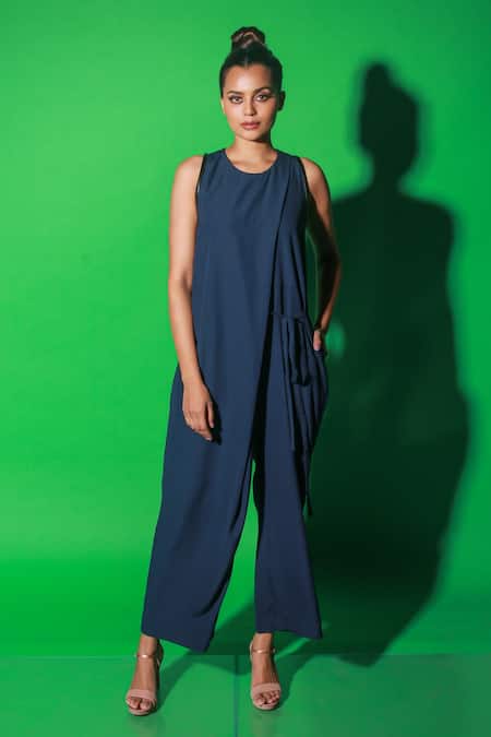 Shop_Echke_Blue Satin Round Neck Front Draped Solid Jumpsuit _Online_at_Aza_Fashions