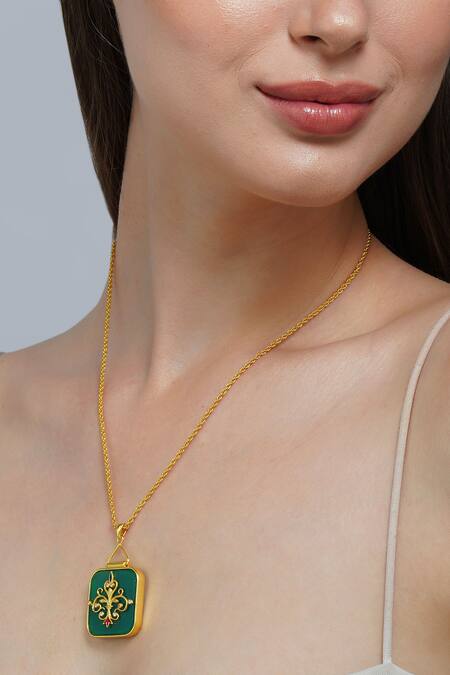 ZARIIN_Green Onyx Embellished Pendant Necklace _Online_at_Aza_Fashions