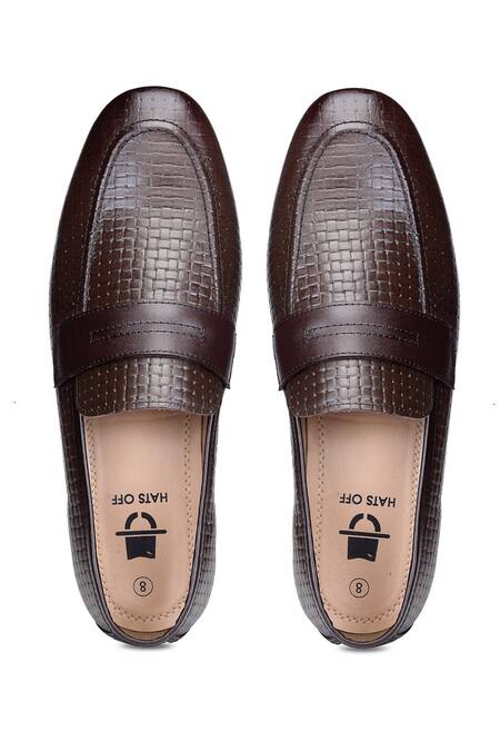 Hats Off Accessories_Brown Genuine Leather Woven Moccassins Penny Loafers_Online_at_Aza_Fashions