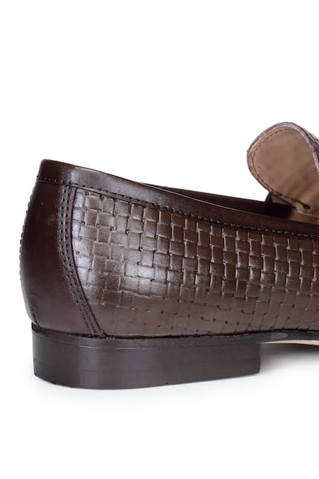 Buy_Hats Off Accessories_Brown Genuine Leather Woven Moccassins Penny Loafers_Online_at_Aza_Fashions