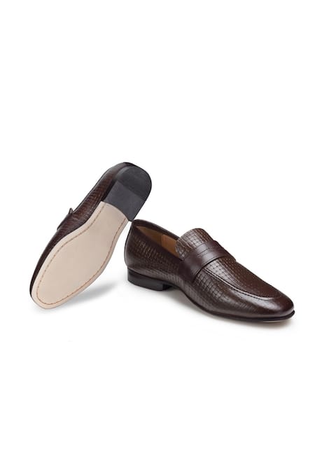 Shop_Hats Off Accessories_Brown Genuine Leather Woven Moccassins Penny Loafers_Online_at_Aza_Fashions