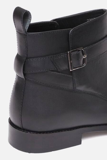 Shop_Hats Off Accessories_Black Genuine Leather Buckle Ankle Boots_Online_at_Aza_Fashions