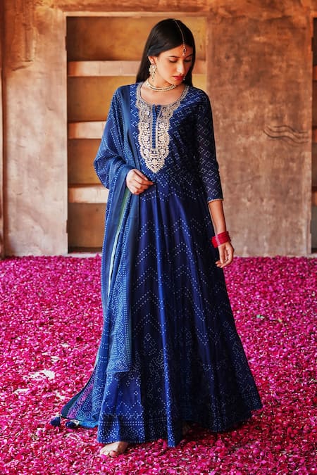 Buy_Karaj Jaipur_Blue Anarkali And Dupatta Chanderi Bandhani Pattern U Neck Set _Online_at_Aza_Fashions