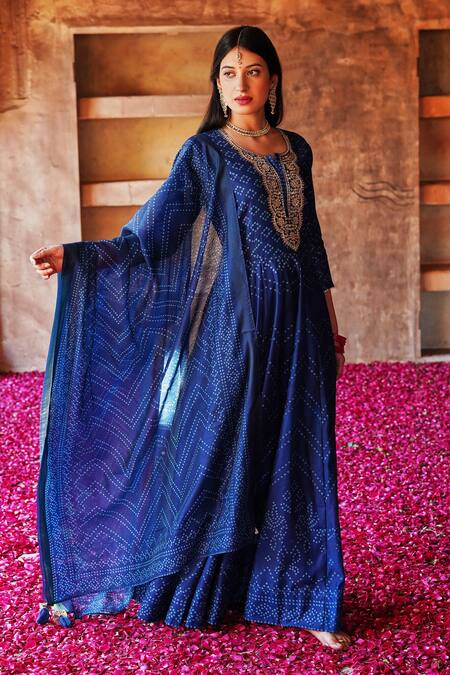 Shop_Karaj Jaipur_Blue Anarkali And Dupatta Chanderi Bandhani Pattern U Neck Set _Online_at_Aza_Fashions