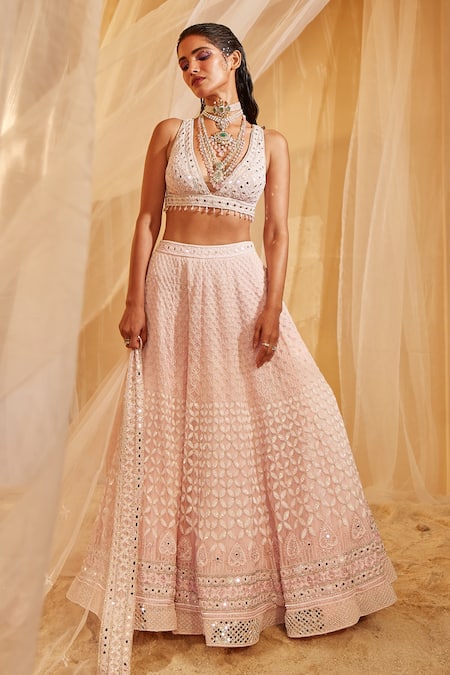 Buy House of Exotique Pink Net Mirrors V-neck Embroidered Lehenga Set Online at Aza Fashions Buy_House of Exotique_Pink Net Mirrors V-neck Embroidered Lehenga Set _Online_at_Aza_Fashions