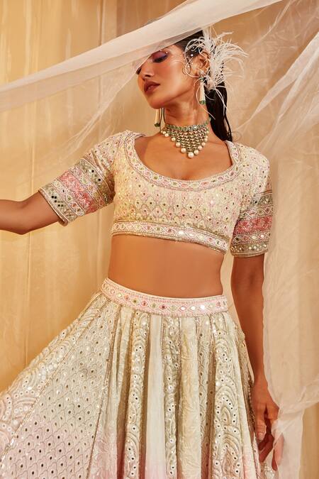 House of Exotique Ivory Georgette Embroidery Round Neck Ombre Embellished Lehenga Set Online at Aza Fashions House of Exotique_Ivory Georgette Embroidery Round Neck Ombre Embellished Lehenga Set _Online_at_Aza_Fashions