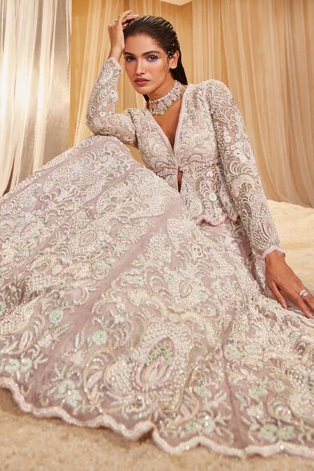 House of Exotique Purple Net Sequins, Embroidery, Beads V-neck Floral Lehenga Set Online at Aza Fashions House of Exotique_Purple Net Sequins, Embroidery, Beads V-neck Floral Lehenga Set _Online_at_Aza_Fashions