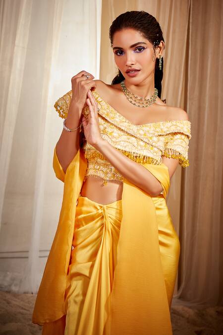 House of Exotique Yellow Lace, Satin, Embroidery One Shoulder Draped Skirt And Blouse Set Online at Aza Fashions House of Exotique_Yellow Lace, Satin, Embroidery One Shoulder Draped Skirt And Blouse Set _Online_at_Aza_Fashions