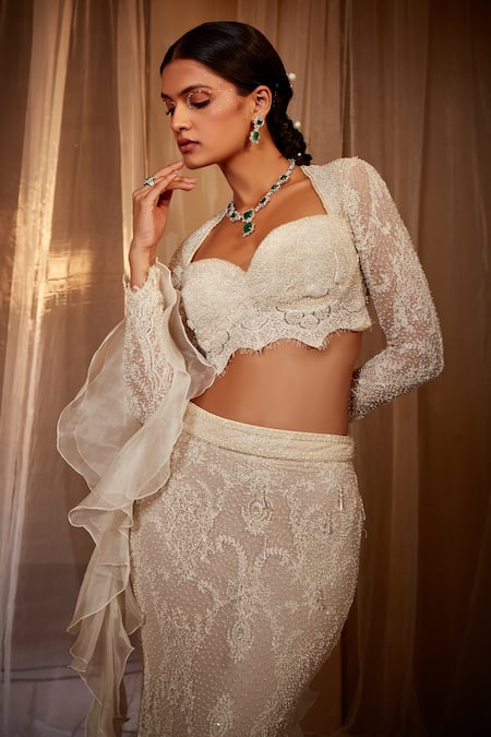 Buy_House of Exotique_Ivory Lace, Silk Embroidery Sweetheart Neck Lehenga Set With Ruffle Dupatta _Online_at_Aza_Fashions