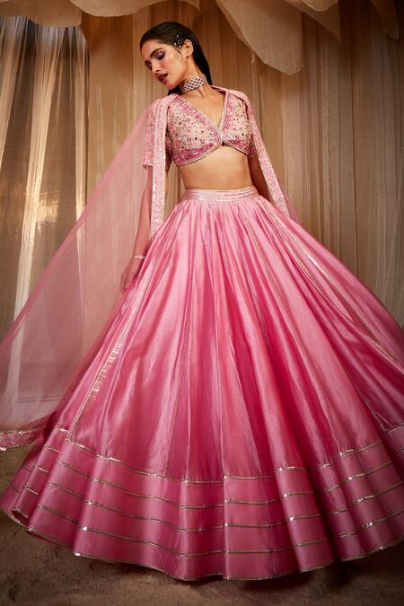 House of Exotique Pink Net, Chanderi Embroidery V-neck Lehenga Set Online at Aza Fashions House of Exotique_Pink Net, Chanderi Embroidery V-neck Lehenga Set _Online_at_Aza_Fashions