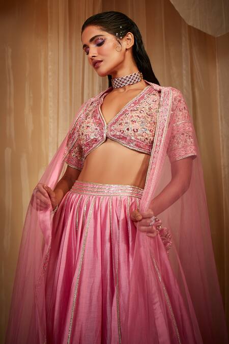 Shop House of Exotique Pink Net, Chanderi Embroidery V-neck Lehenga Set Online at Aza Fashions Shop_House of Exotique_Pink Net, Chanderi Embroidery V-neck Lehenga Set _Online_at_Aza_Fashions