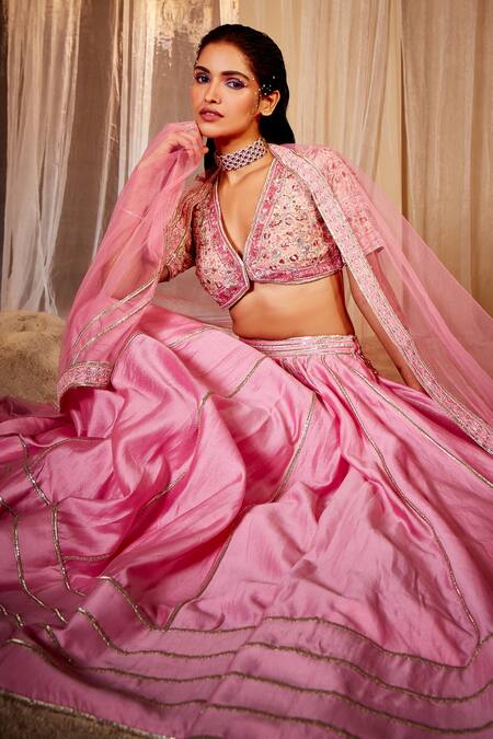 House of Exotique Pink Net, Chanderi Embroidery V-neck Lehenga Set at Aza Fashions House of Exotique_Pink Net, Chanderi Embroidery V-neck Lehenga Set _at_Aza_Fashions