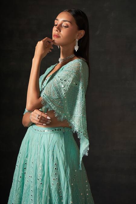 House of Exotique Green Net Crystals, Mirrors, Sequins V-neck Embroidered Mirrorwork Lehenga Set Online at Aza Fashions House of Exotique_Green Net Crystals, Mirrors, Sequins V-neck Embroidered Mirrorwork Lehenga Set _Online_at_Aza_Fashions