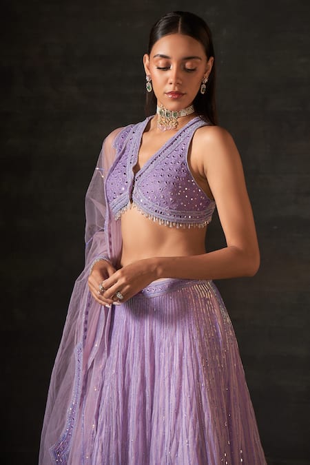 Buy House of Exotique Purple Net Embroidery, Sequins, Tassels V-neck Lehenga Set Online at Aza Fashions Buy_House of Exotique_Purple Net Embroidery, Sequins, Tassels V-neck Lehenga Set _Online_at_Aza_Fashions