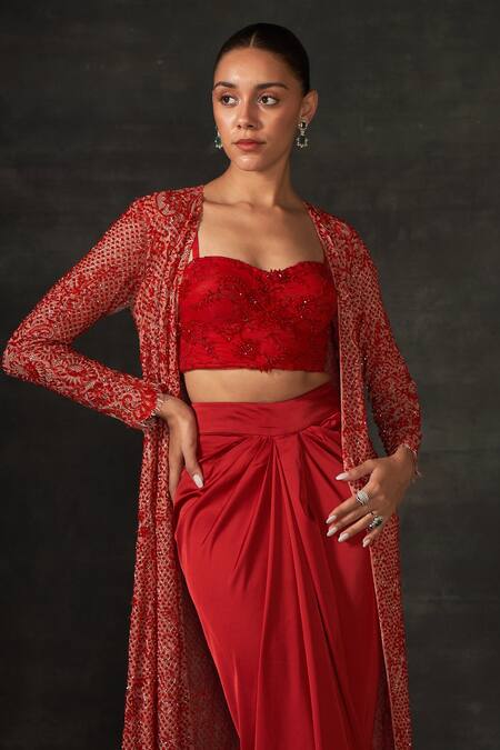 House of Exotique Red Chiffon, Lace, Silk, Satin Embroidery Jacket And Draped Lungi Skirt Set Online at Aza Fashions House of Exotique_Red Chiffon, Lace, Silk, Satin Embroidery Jacket And Draped Lungi Skirt Set _Online_at_Aza_Fashions