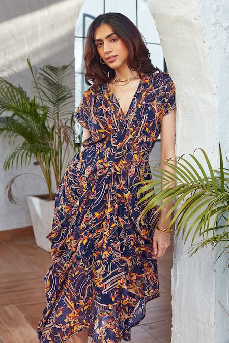 Buy_House Of Fett_Blue Cotton Embroidery V-neck Jules Cowl Dress _Online_at_Aza_Fashions