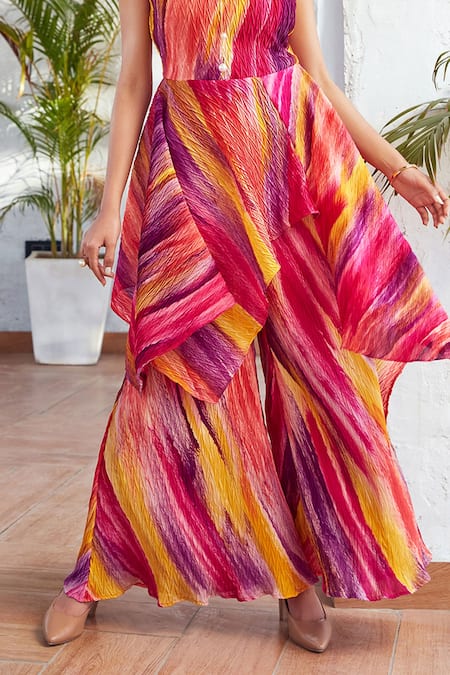 House Of Fett_Multi Color Georgette Round Neck Zuma Vivid Peplum Top With Pant_at_Aza_Fashions