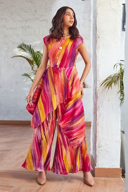 House Of Fett_Multi Color Georgette Round Neck Zuma Vivid Peplum Top With Pant_Online_at_Aza_Fashions