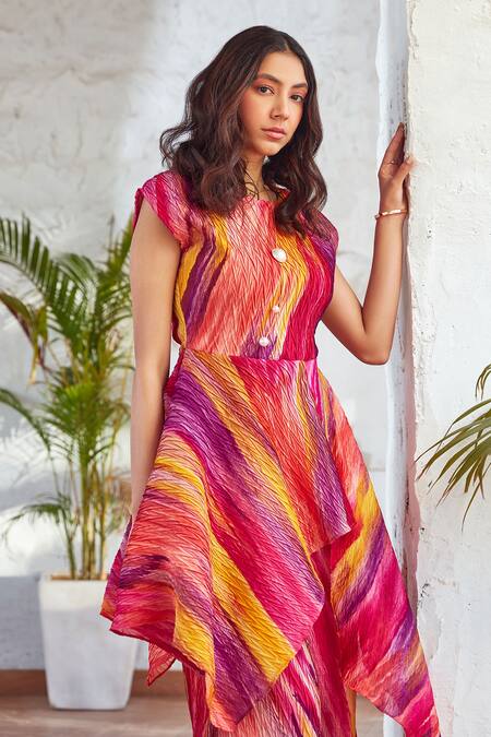 Buy_House Of Fett_Multi Color Georgette Round Neck Zuma Vivid Peplum Top With Pant_Online_at_Aza_Fashions