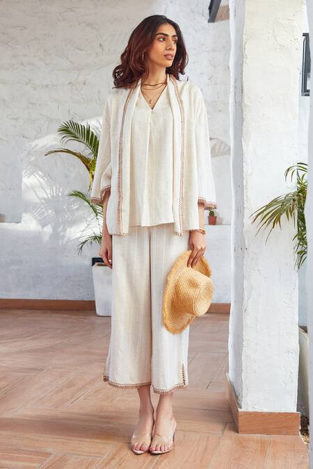 Shop_House Of Fett_Ivory Cotton Lace Open Neck, Havana Organic Pant Set _Online_at_Aza_Fashions