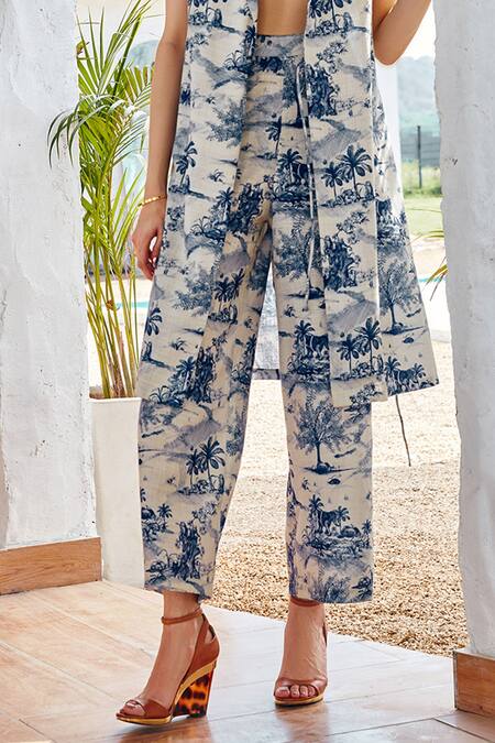 Buy_House Of Fett_White Cotton, Linen Collared, Bandeau Neck Adelle Scenic Pattern Co-ord Set _Online_at_Aza_Fashions