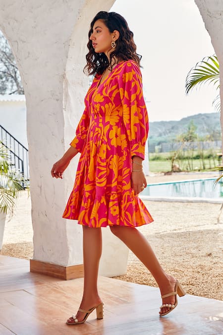Buy_House Of Fett_Pink Cotton V-neck Mia Printed Dress_Online_at_Aza_Fashions