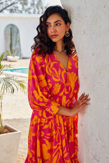 Shop_House Of Fett_Pink Cotton V-neck Mia Printed Dress_Online_at_Aza_Fashions