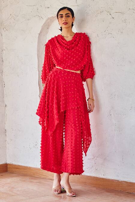 House Of Fett_Red Georgette Cowl Neck Textured Top And Pant Set _Online_at_Aza_Fashions