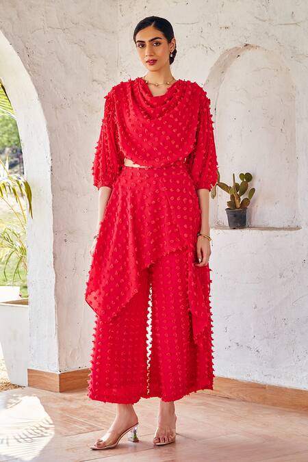 Buy_House Of Fett_Red Georgette Cowl Neck Textured Top And Pant Set _Online_at_Aza_Fashions