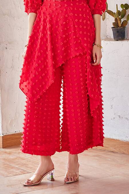 House Of Fett_Red Georgette Cowl Neck Textured Top And Pant Set _at_Aza_Fashions