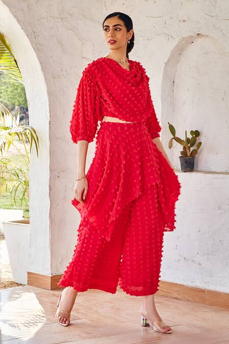 Shop_House Of Fett_Red Georgette Cowl Neck Textured Top And Pant Set _Online_at_Aza_Fashions