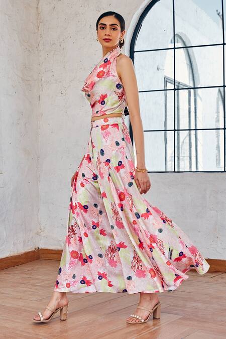 Shop_House Of Fett_Multi Color Georgette, Satin Embroidery Halter Neck Marine Print Cape Pant Set _Online_at_Aza_Fashions