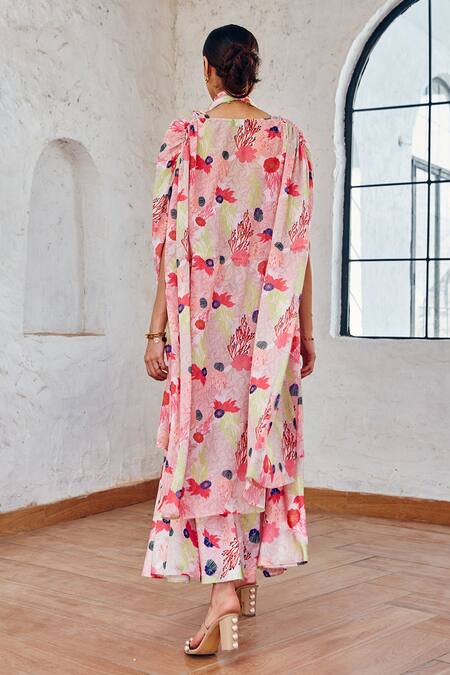 House Of Fett_Multi Color Georgette, Satin Embroidery Halter Neck Marine Print Cape Pant Set _at_Aza_Fashions