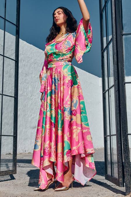 Shop_House Of Fett_Pink Satin, Silk V-neck Fiori Printed Top And Asymmetric Pant Set _Online_at_Aza_Fashions