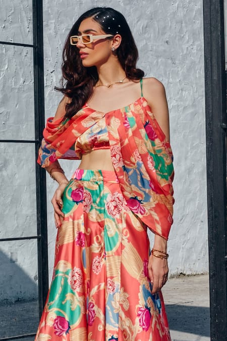 House Of Fett_Red Satin Embroidery Split V-neck Floral Print Crop Top And Pant Set _Online_at_Aza_Fashions