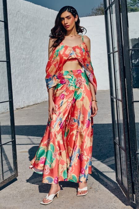 House Of Fett_Red Satin Embroidery Split V-neck Floral Print Crop Top And Pant Set _at_Aza_Fashions